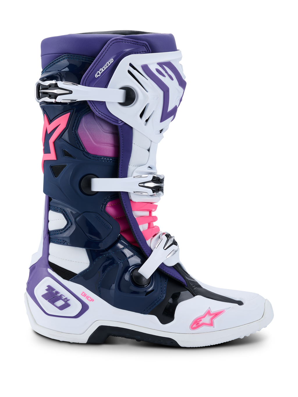Alpinestars Tech 10, botas de motocross, brancas, violetas, azul-escuras e rosa fluo, vista lateral com fecho de fivela tripla, chassis protetor em TPU, logótipos de estrela Alpinestars e marca DHCP, calçado de competição todo-o-terreno de alto desempenho