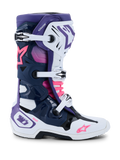 Alpinestars Tech 10, botas de motocross, brancas, violetas, azul-escuras e rosa fluo, vista lateral com fecho de fivela tripla, chassis protetor em TPU, logótipos de estrela Alpinestars e marca DHCP, calçado de competição todo-o-terreno de alto desempenho