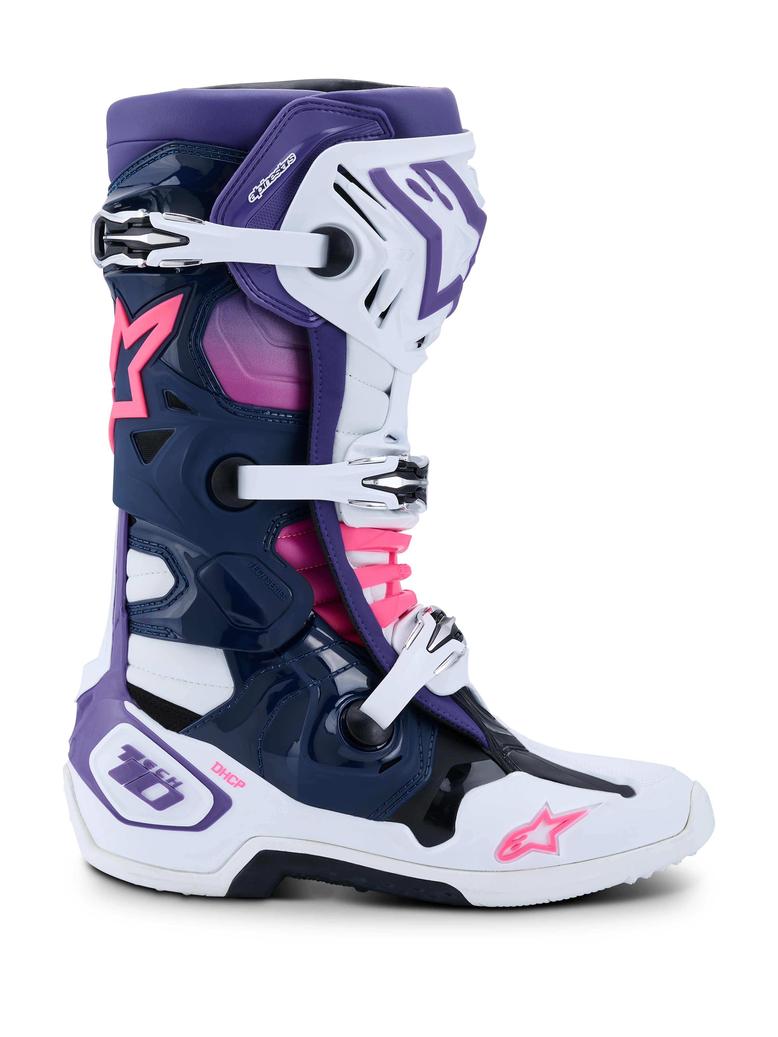 Alpinestars Tech 10, botas de motocross, brancas, violetas, azul-escuras e rosa fluo, vista lateral com fecho de fivela tripla, chassis protetor em TPU, logótipos de estrela Alpinestars e marca DHCP, calçado de competição todo-o-terreno de alto desempenho