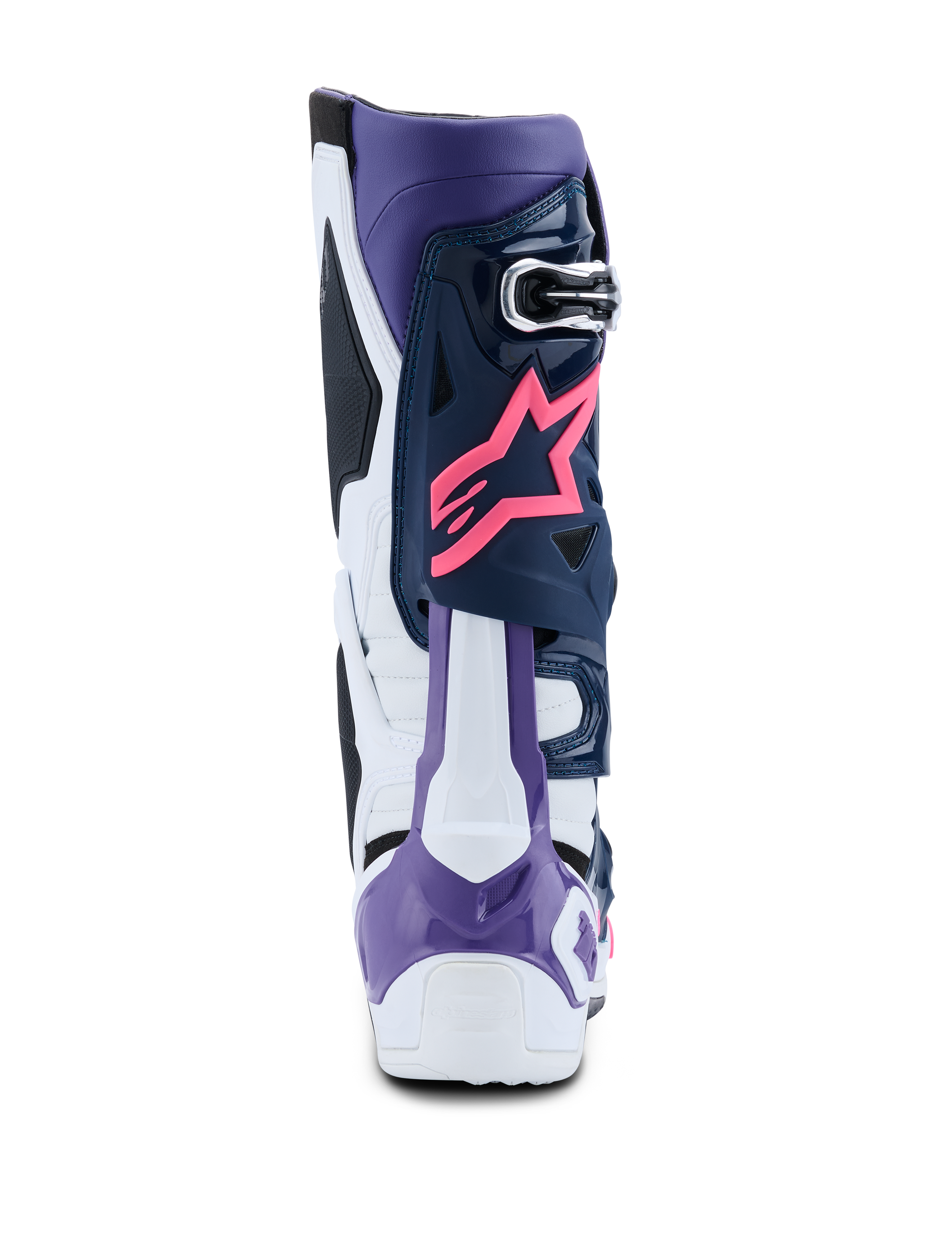 Botas Alpinestars Tech 10, botas de motocross, branco, violeta, azul marinho e rosa fluo, vista traseira com o logótipo da estrela Alpinestars em rosa, protetor de calcanhar violeta e painéis protetores coloridos de alto desempenho