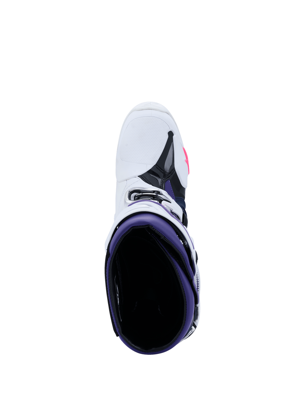 Botas Alpinestars Tech 10, botas de motocross, branco, violeta, azul marinho e rosa fluorescente, vista superior com foco no interior roxo, exterior branco com detalhes em preto e rosa, calçado de competição todo-o-terreno de nível profissional