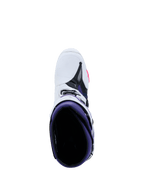 Botas Alpinestars Tech 10, botas de motocross, branco, violeta, azul marinho e rosa fluorescente, vista superior com foco no interior roxo, exterior branco com detalhes em preto e rosa, calçado de competição todo-o-terreno de nível profissional