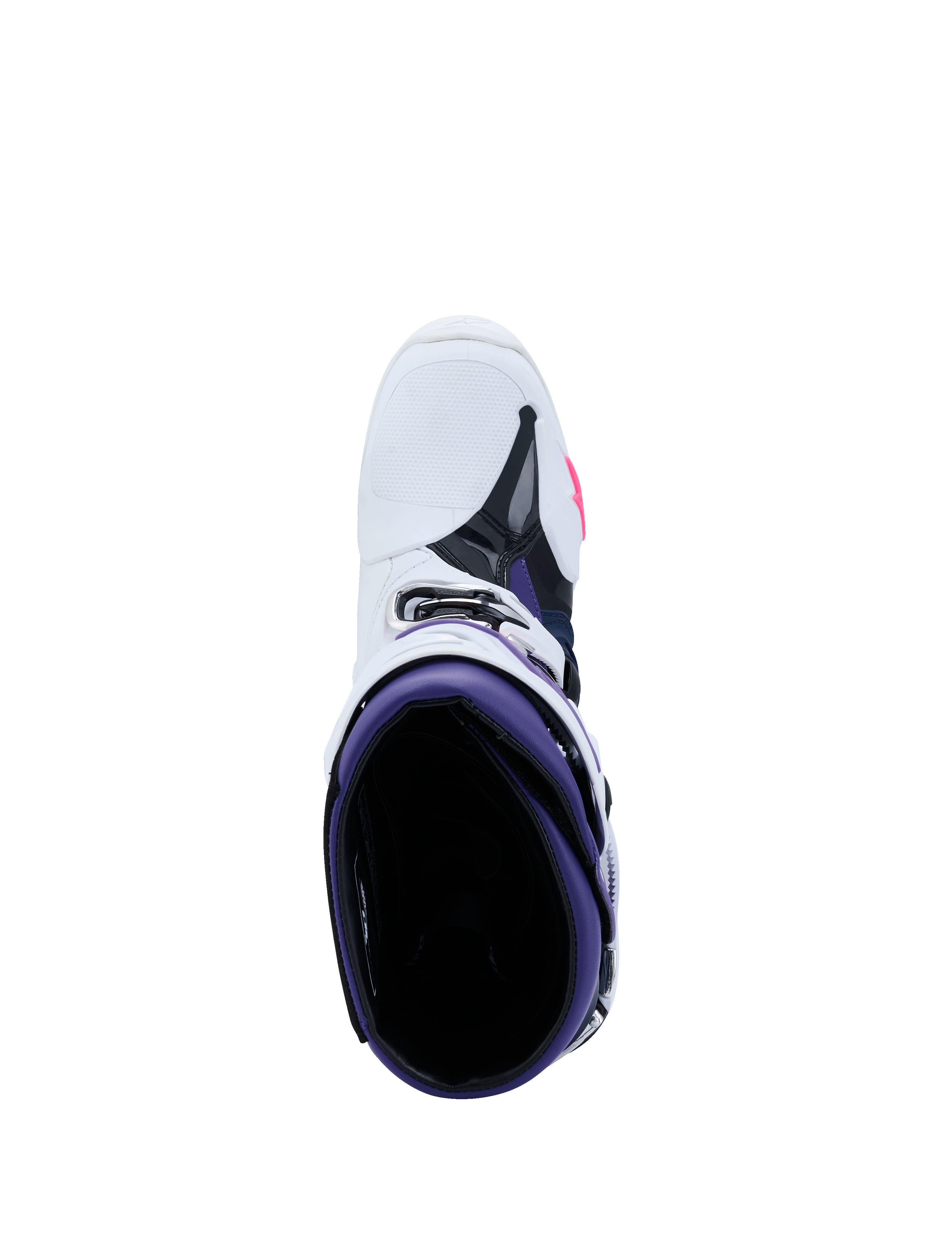 Botas Alpinestars Tech 10, botas de motocross, branco, violeta, azul marinho e rosa fluorescente, vista superior com foco no interior roxo, exterior branco com detalhes em preto e rosa, calçado de competição todo-o-terreno de nível profissional