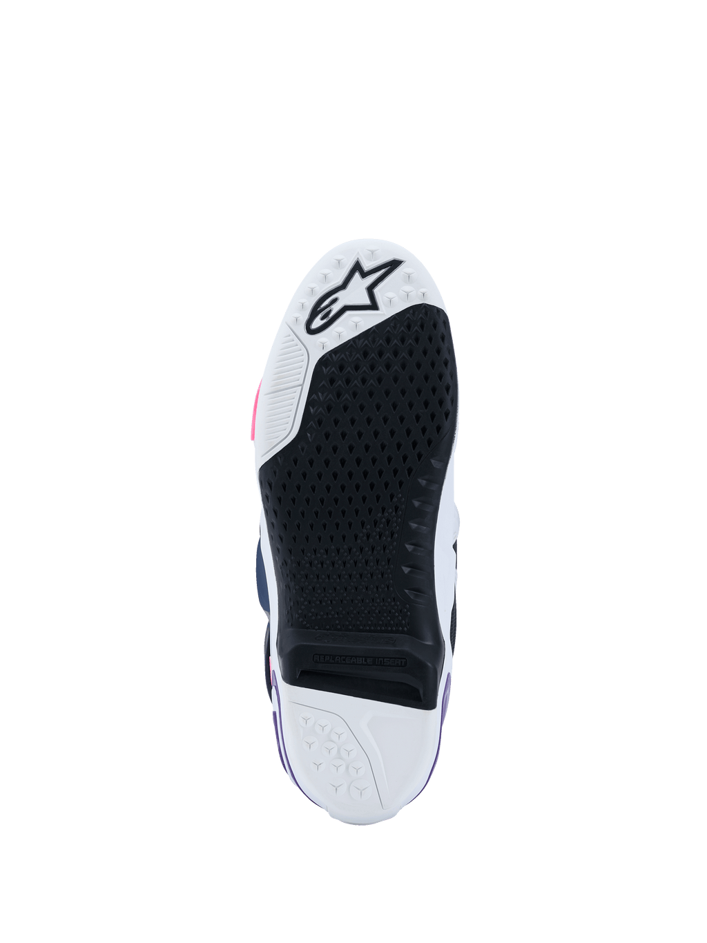 Botas Alpinestars Tech 10, vista da sola, Branco, Violeta, Azul Marinho e Rosa Fluo, rasto de borracha preta de alta aderência com inserção central substituível, biqueira e calcanhar brancos com logótipo de estrela, calçado profissional de motocross