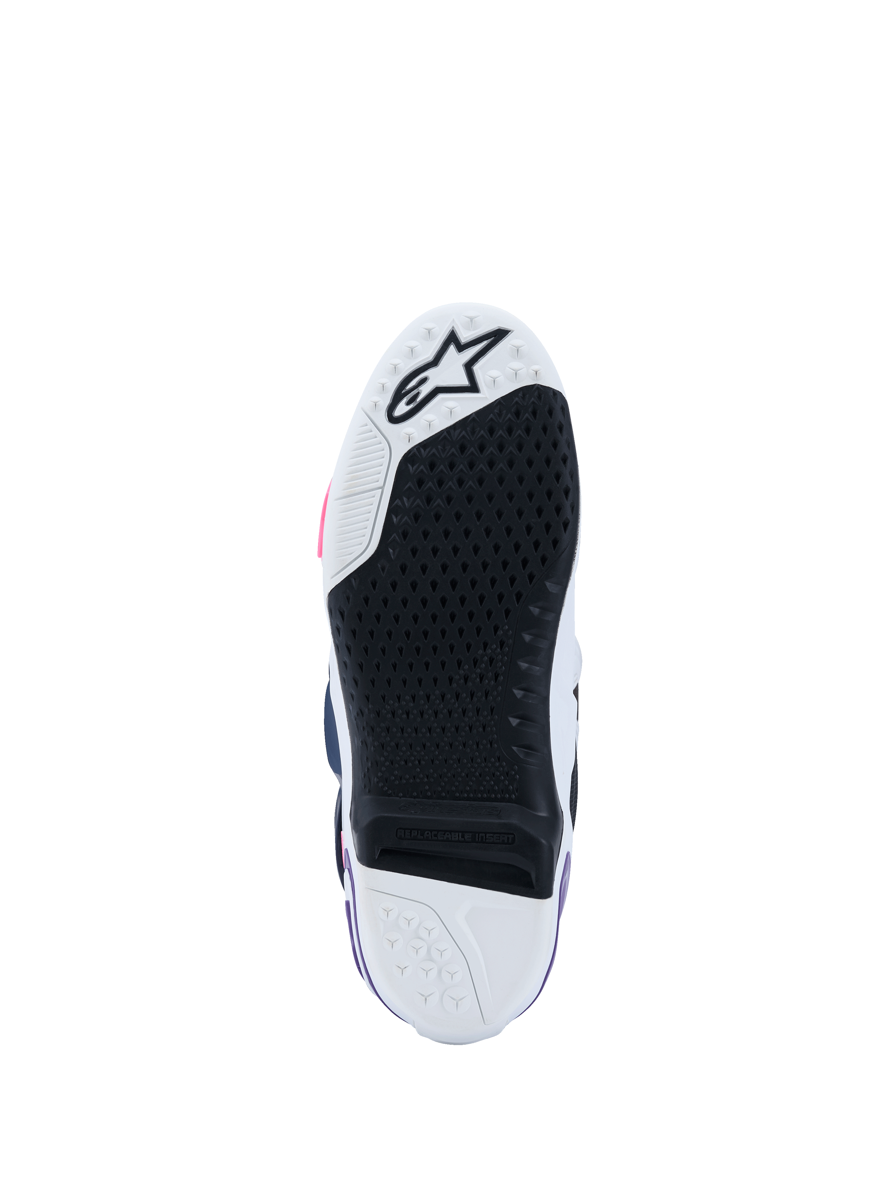 Botas Alpinestars Tech 10, vista da sola, Branco, Violeta, Azul Marinho e Rosa Fluo, rasto de borracha preta de alta aderência com inserção central substituível, biqueira e calcanhar brancos com logótipo de estrela, calçado profissional de motocross