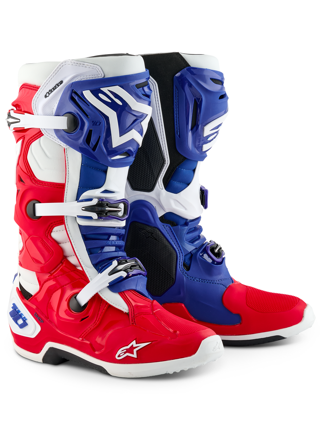 Alpinestars Limited Edition Fortitude Tech 10 Boot, Motocross Boots, Bright Red White and Blue, featuring triple buckle closure, Astars branding, and patriotic design, durable TPU and microfiber construction for elite off-road performance