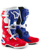 Alpinestars Limited Edition Fortitude Tech 10 Boot, Motocross Boots, Bright Red White and Blue, featuring triple buckle closure, Astars branding, and patriotic design, durable TPU and microfiber construction for elite off-road performance