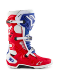Alpinestars Limited Edition Fortitude Tech 10 Boot, Motocross Boot, Bright Red White and Blue patriotic design, side view featuring triple buckle closure, protective TPU shell, and Alpinestars logo on the toe, elite performance off-road footwear