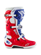Alpinestars Limited Edition Fortitude Tech 10 Boot, Motocross Boot, Bright Red White and Blue patriotic design, side view featuring triple buckle closure, protective TPU shell, and Alpinestars logo on the toe, elite performance off-road footwear