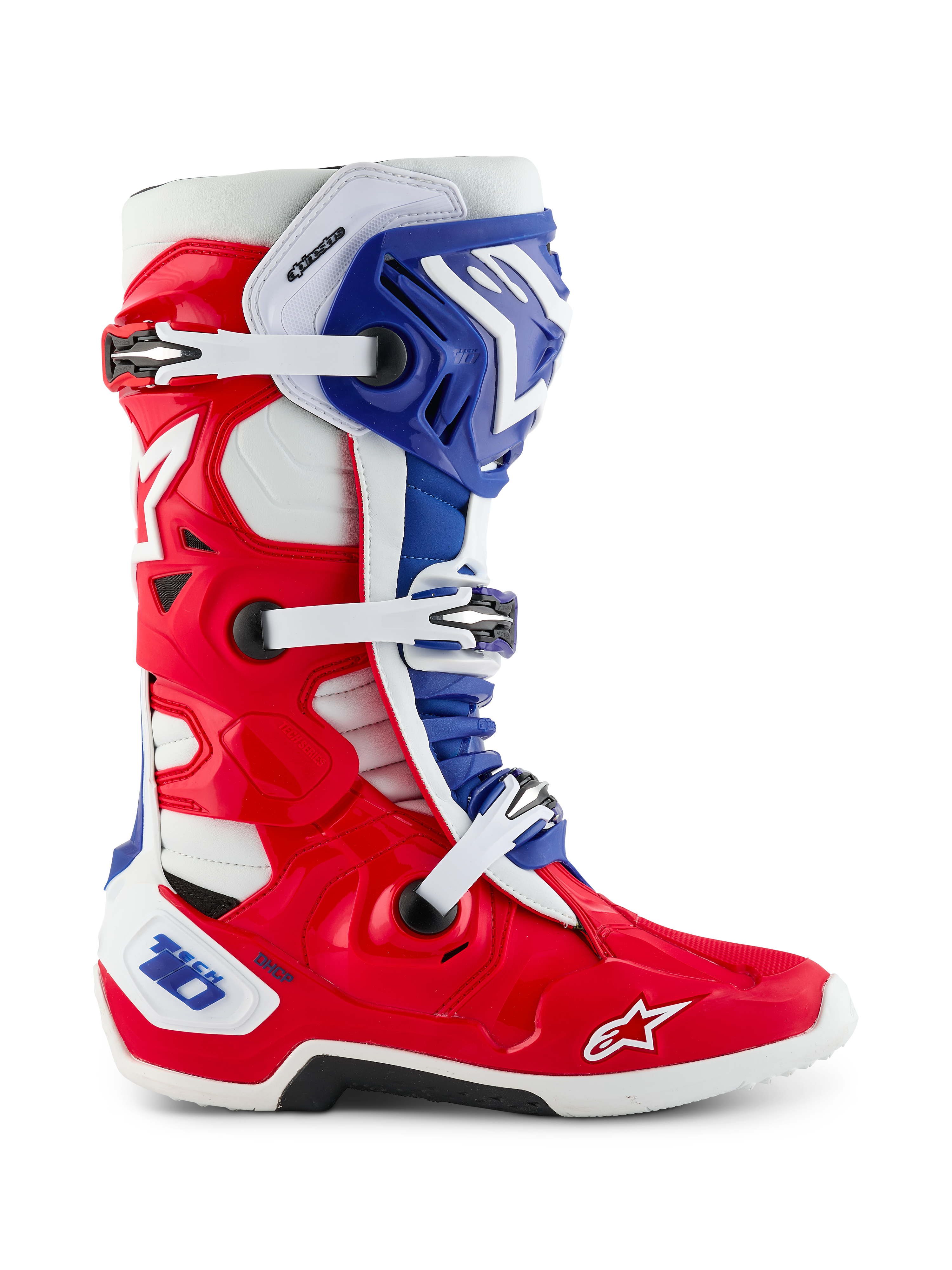 Alpinestars Limited Edition Fortitude Tech 10 Boot, Motocross Boot, Bright Red White and Blue patriotic design, side view featuring triple buckle closure, protective TPU shell, and Alpinestars logo on the toe, elite performance off-road footwear
