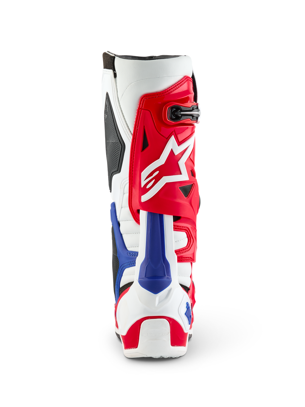 Alpinestars Limited Edition Fortitude Tech 10 Boot, Rear view, Red White and Blue patriotic colorway, featuring a bold red upper with white star logo and blue heel protector, professional motocross performance footwear