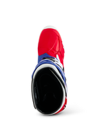 Alpinestars Limited Edition Fortitude Tech 10 Boot, Motocross Boot, Bright Red White and Blue, top-down view showing the red toe area and blue collar with black padded interior, durable off-road racing gear