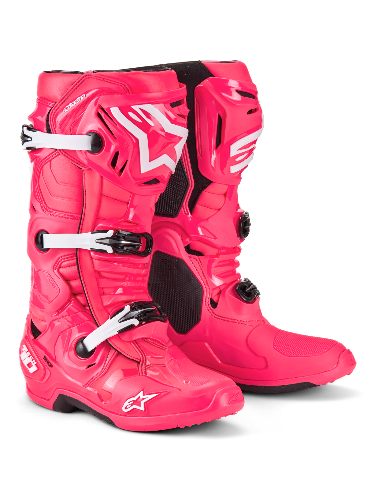 Botas Alpinestars Tech 10, botas de motocross, rosa diva e branco, com uma construção em compósito leve, sistema de fivelas triplo, estrutura protetora em TPU e o icónico logótipo da estrela na canela e biqueira, calçado profissional de competição todo-o-terreno.