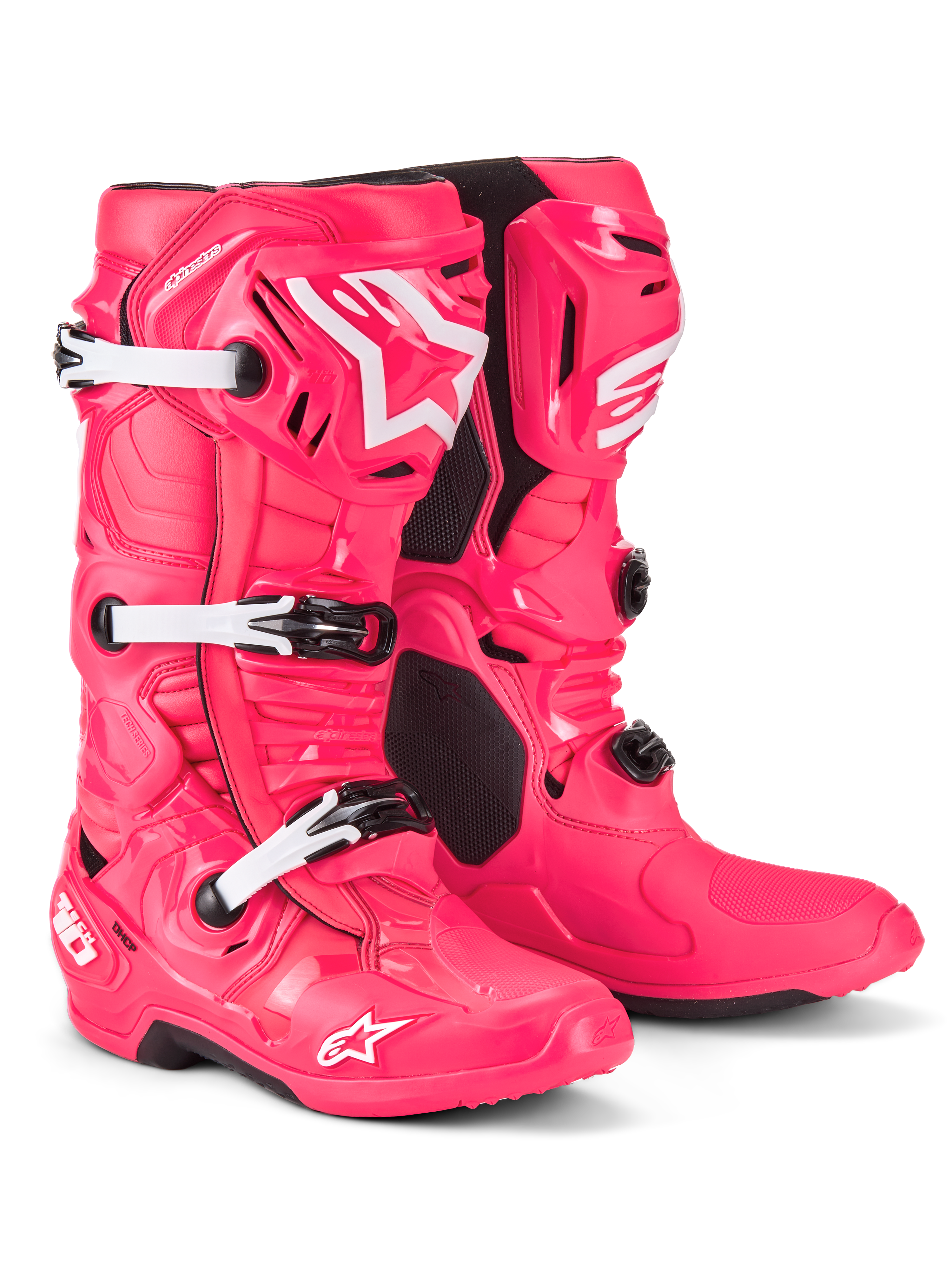 Botas Alpinestars Tech 10, botas de motocross, rosa diva e branco, com uma construção em compósito leve, sistema de fivelas triplo, estrutura protetora em TPU e o icónico logótipo da estrela na canela e biqueira, calçado profissional de competição todo-o-terreno.