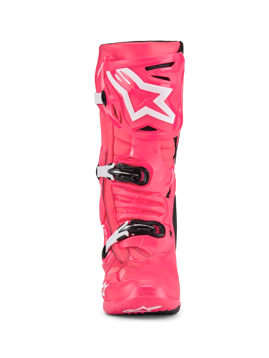 Botas Alpinestars Tech 10, botas de motocross, rosa diva e branco, vista frontal, com logótipo de estrela branca na placa da canela, concha de TPU durável com fivelas pretas e brancas, calçado profissional de corrida todo-o-terreno