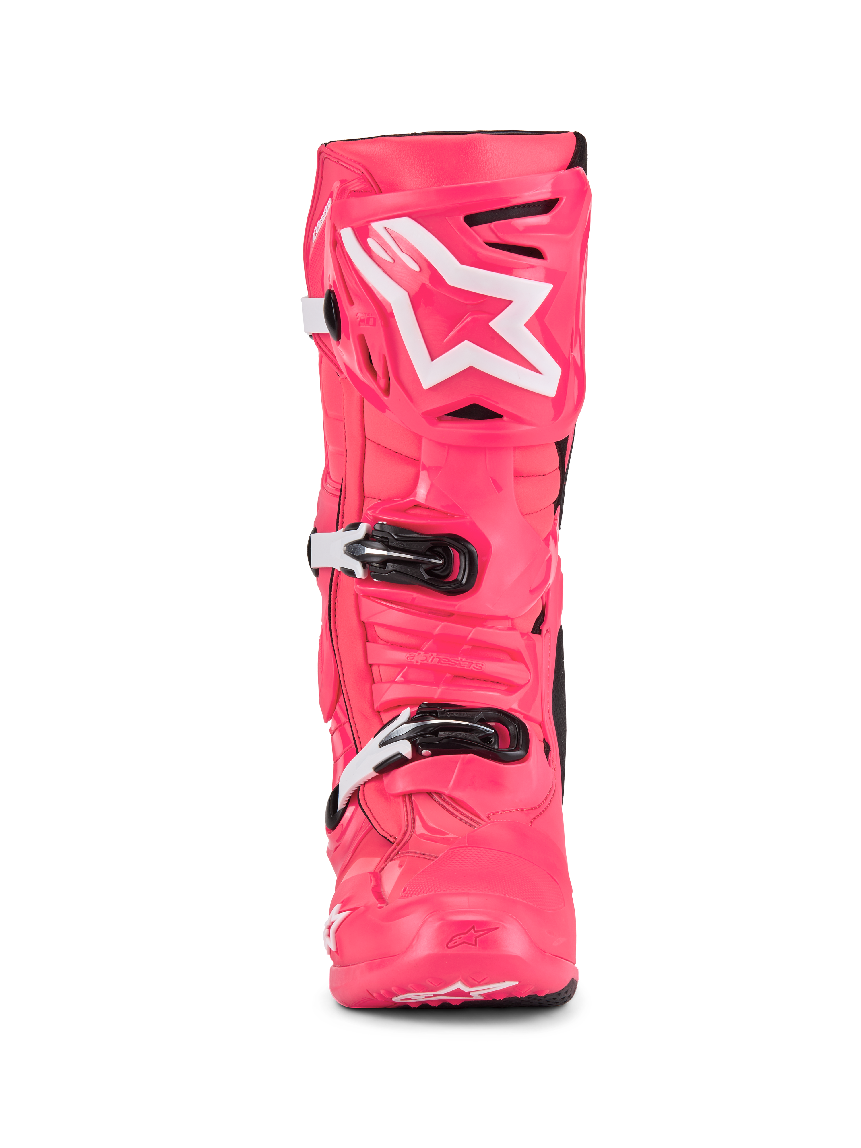 Botas Alpinestars Tech 10, botas de motocross, rosa diva e branco, vista frontal, com logótipo de estrela branca na placa da canela, concha de TPU durável com fivelas pretas e brancas, calçado profissional de corrida todo-o-terreno