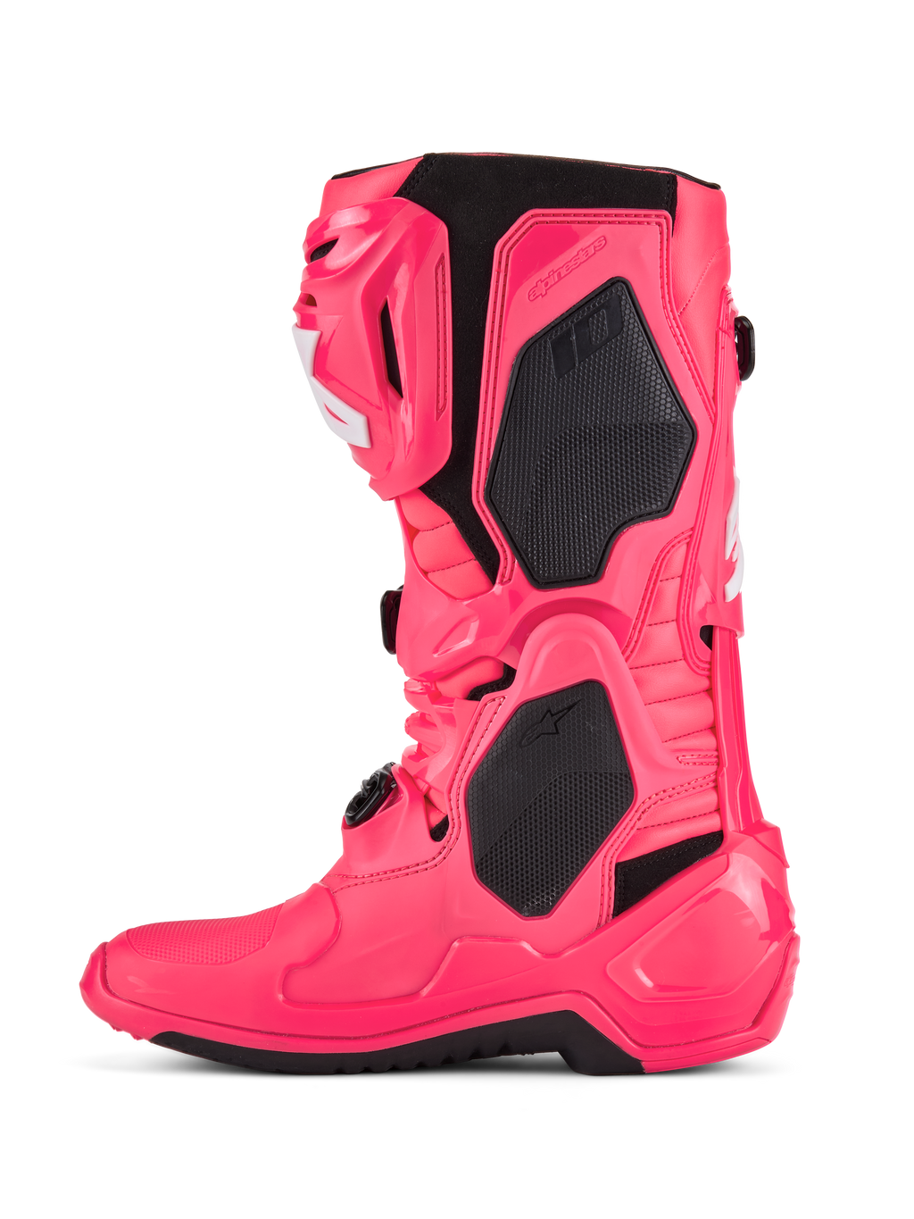 Botas Alpinestars Tech 10, botas de motocross, cor-de-rosa Diva e branco, com painéis de proteção em TPU pretos, estrutura de flexão articulada e design robusto para todo-o-terreno