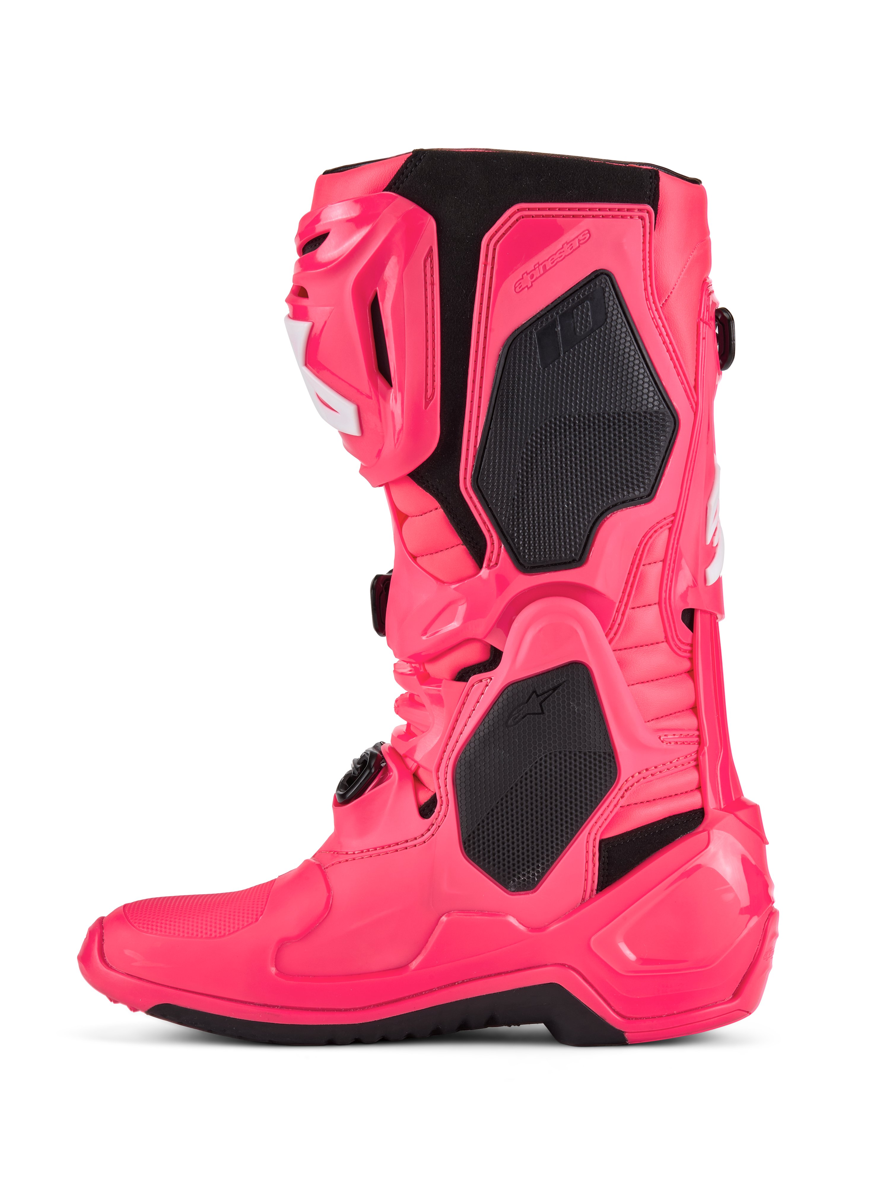 Botas Alpinestars Tech 10, botas de motocross, cor-de-rosa Diva e branco, com painéis de proteção em TPU pretos, estrutura de flexão articulada e design robusto para todo-o-terreno