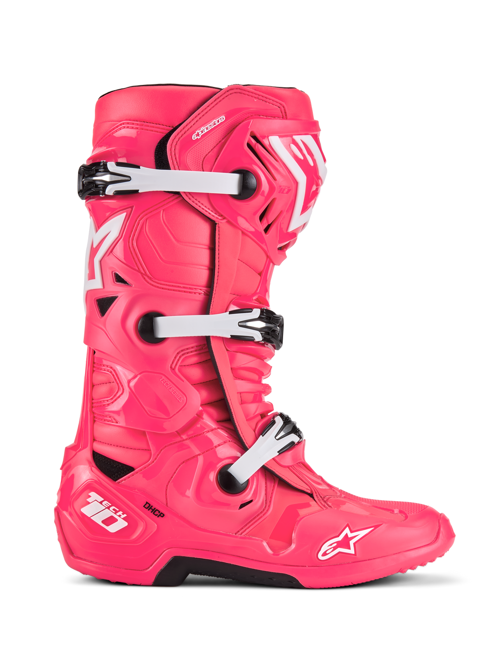 Botas Alpinestars Tech 10, botas de corrida de motocross, rosa diva e branco, sistema de fivela tripla, proteção com certificação CE, design angular texturizado com logótipos de estrela brancos e sola robusta preta