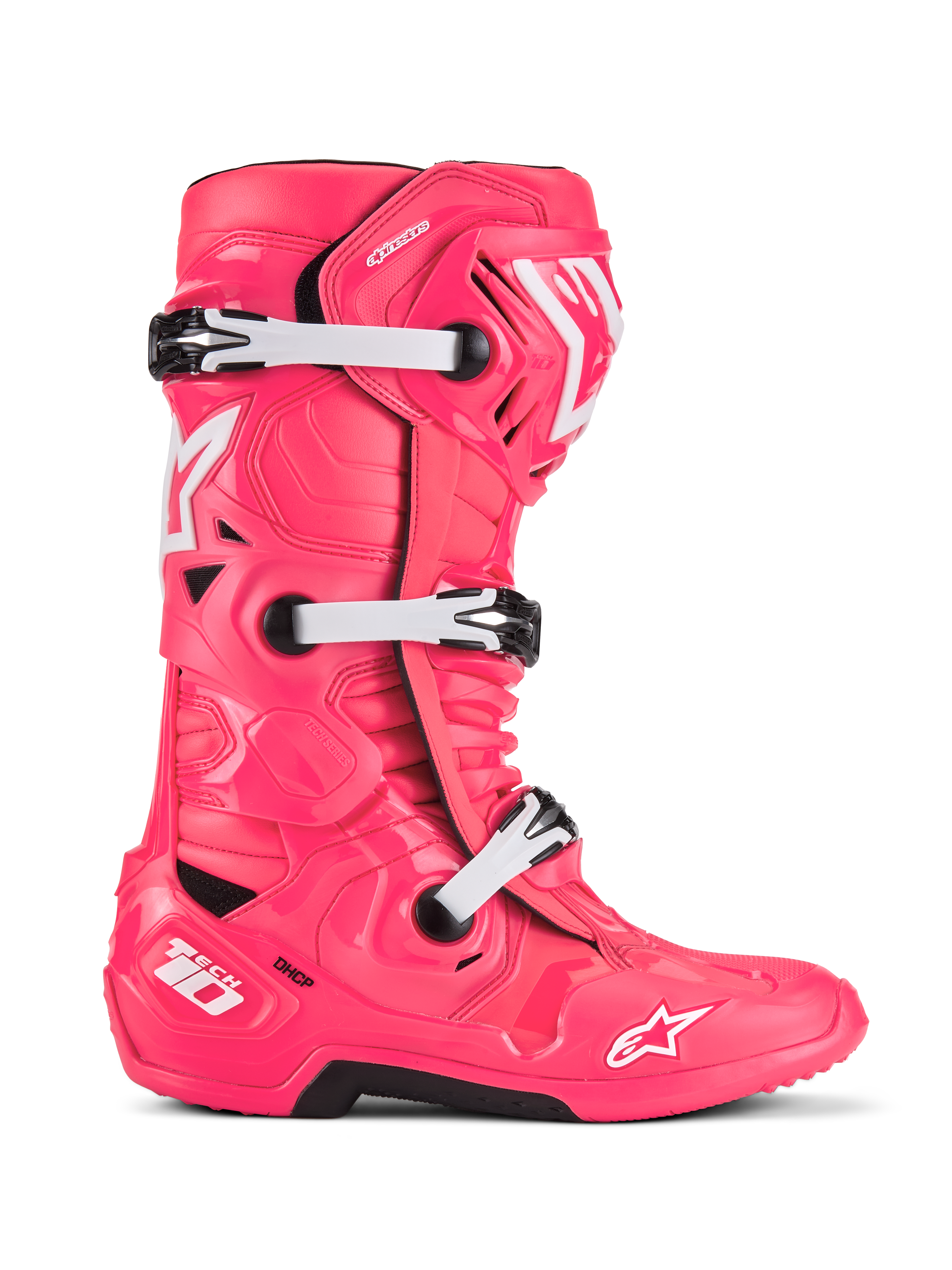 Botas Alpinestars Tech 10, botas de corrida de motocross, rosa diva e branco, sistema de fivela tripla, proteção com certificação CE, design angular texturizado com logótipos de estrela brancos e sola robusta preta