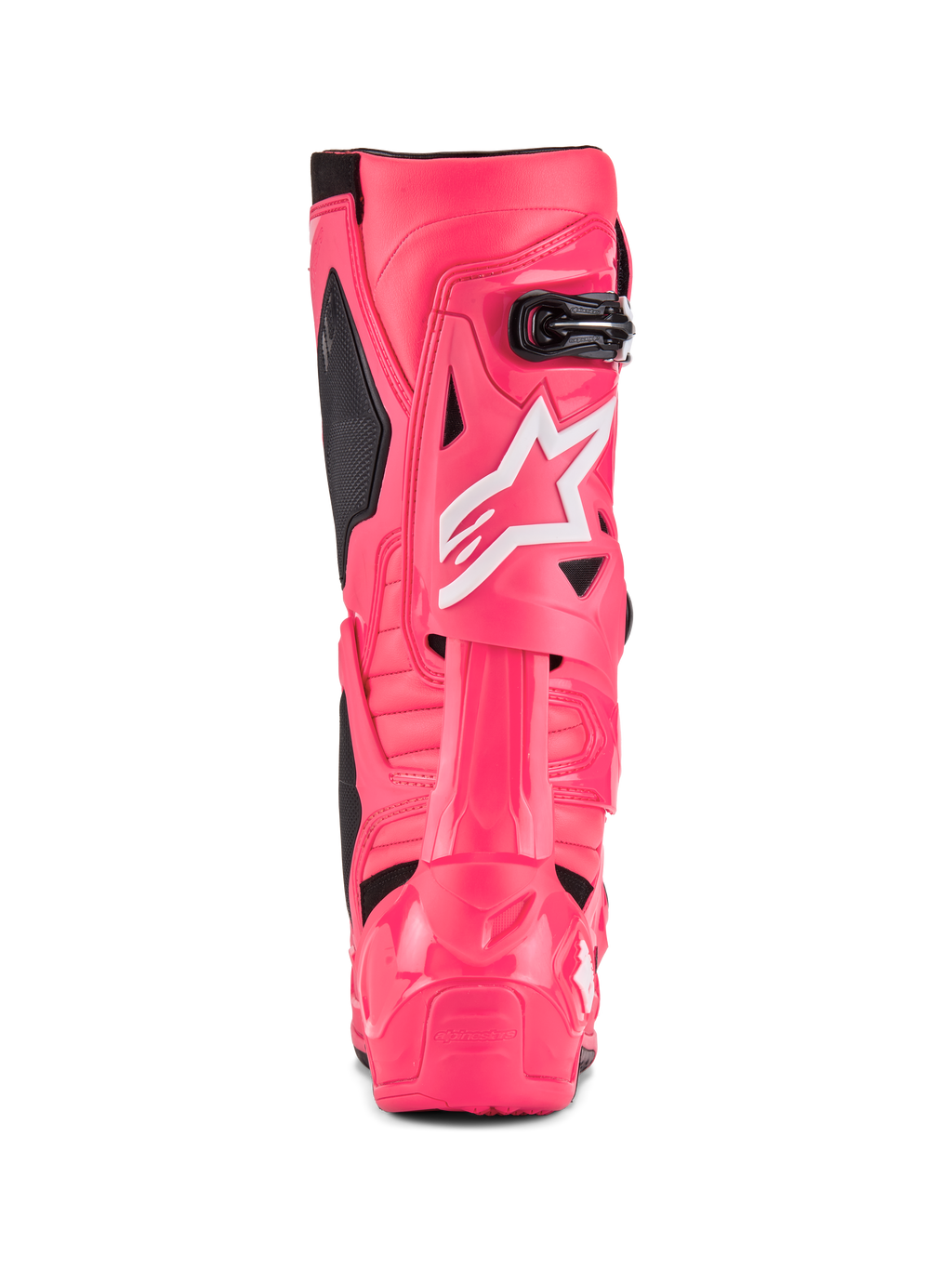 Botas Alpinestars Tech 10, botas de motocross, Rosa Diva e branco, vista traseira com o logótipo de estrela branco da Alpinestars, detalhes em preto e proteção estruturada de calcanhar e gémeo, calçado profissional de competição todo-o-terreno
