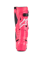 Botas Alpinestars Tech 10, botas de motocross, Rosa Diva e branco, vista traseira com o logótipo de estrela branco da Alpinestars, detalhes em preto e proteção estruturada de calcanhar e gémeo, calçado profissional de competição todo-o-terreno