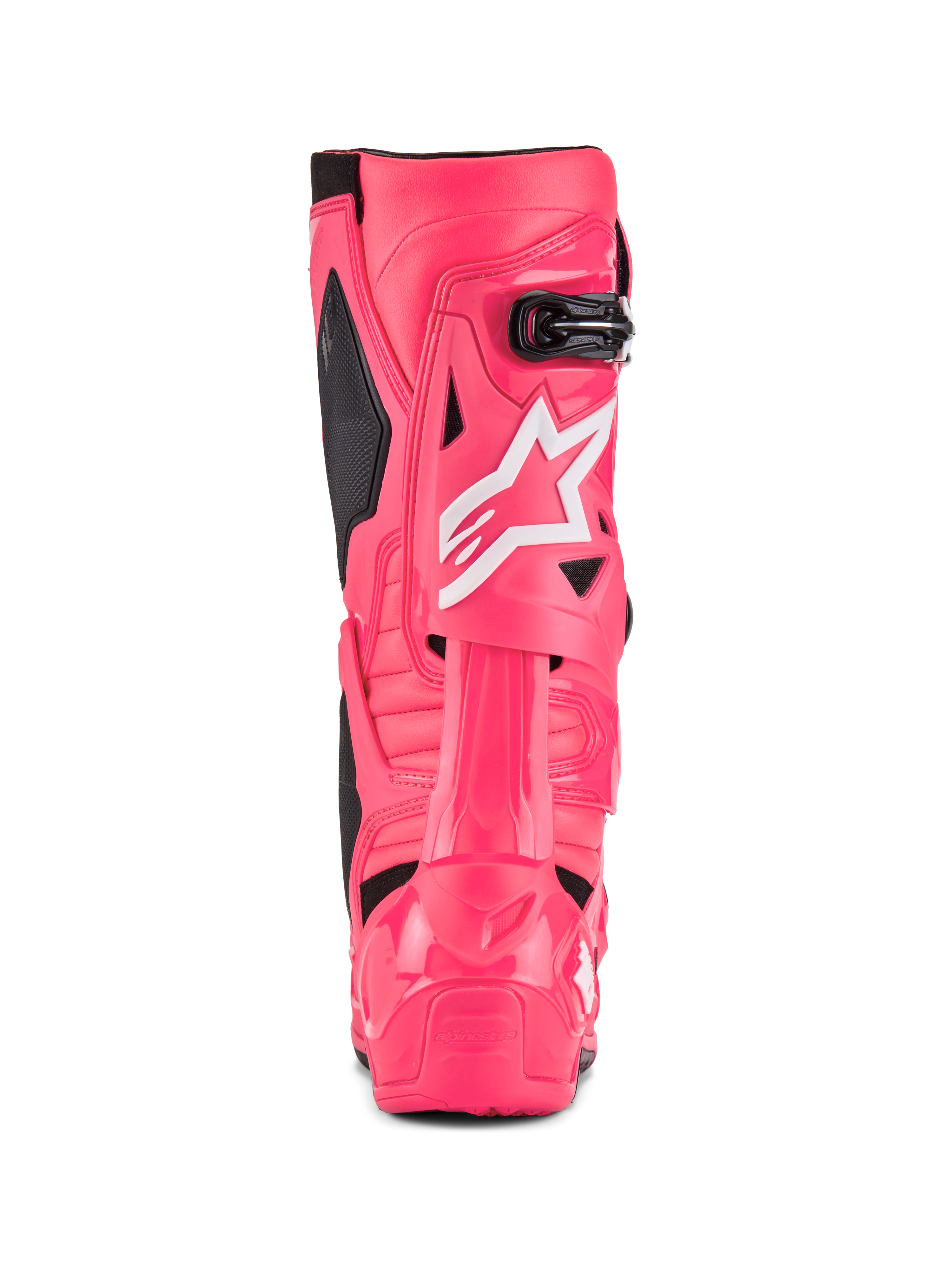 Botas Alpinestars Tech 10, botas de motocross, Rosa Diva e branco, vista traseira com o logótipo de estrela branco da Alpinestars, detalhes em preto e proteção estruturada de calcanhar e gémeo, calçado profissional de competição todo-o-terreno