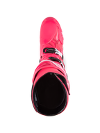 Botas Alpinestars Tech 10, botas de motocross, rosa Diva e branco, vista superior mostrando o forro interior preto, estrutura exterior rosa com detalhes de fivelas em branco e preto, calçado de performance para todo-o-terreno