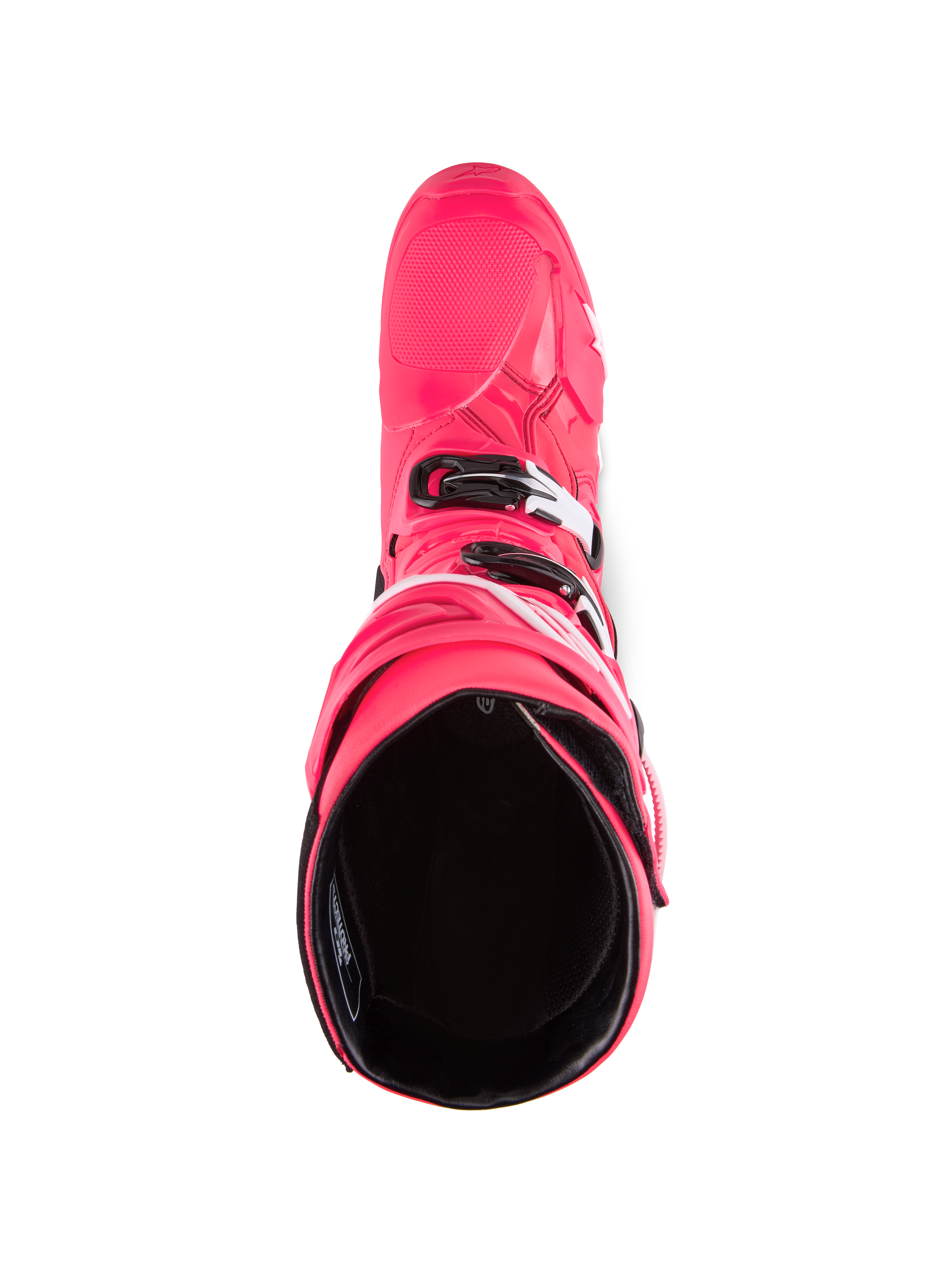 Botas Alpinestars Tech 10, botas de motocross, rosa Diva e branco, vista superior mostrando o forro interior preto, estrutura exterior rosa com detalhes de fivelas em branco e preto, calçado de performance para todo-o-terreno