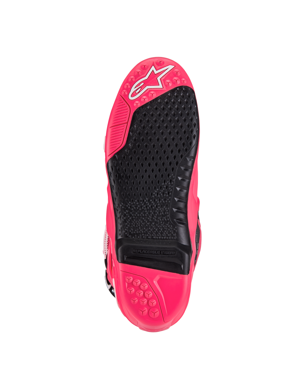 Botas Alpinestars Tech 10, botas de motocross, rosa diva e preto, vista da sola com rasto texturizado, inserto de poisa-pés substituível e logótipo Astars característico, concebidas para aderência e durabilidade superiores