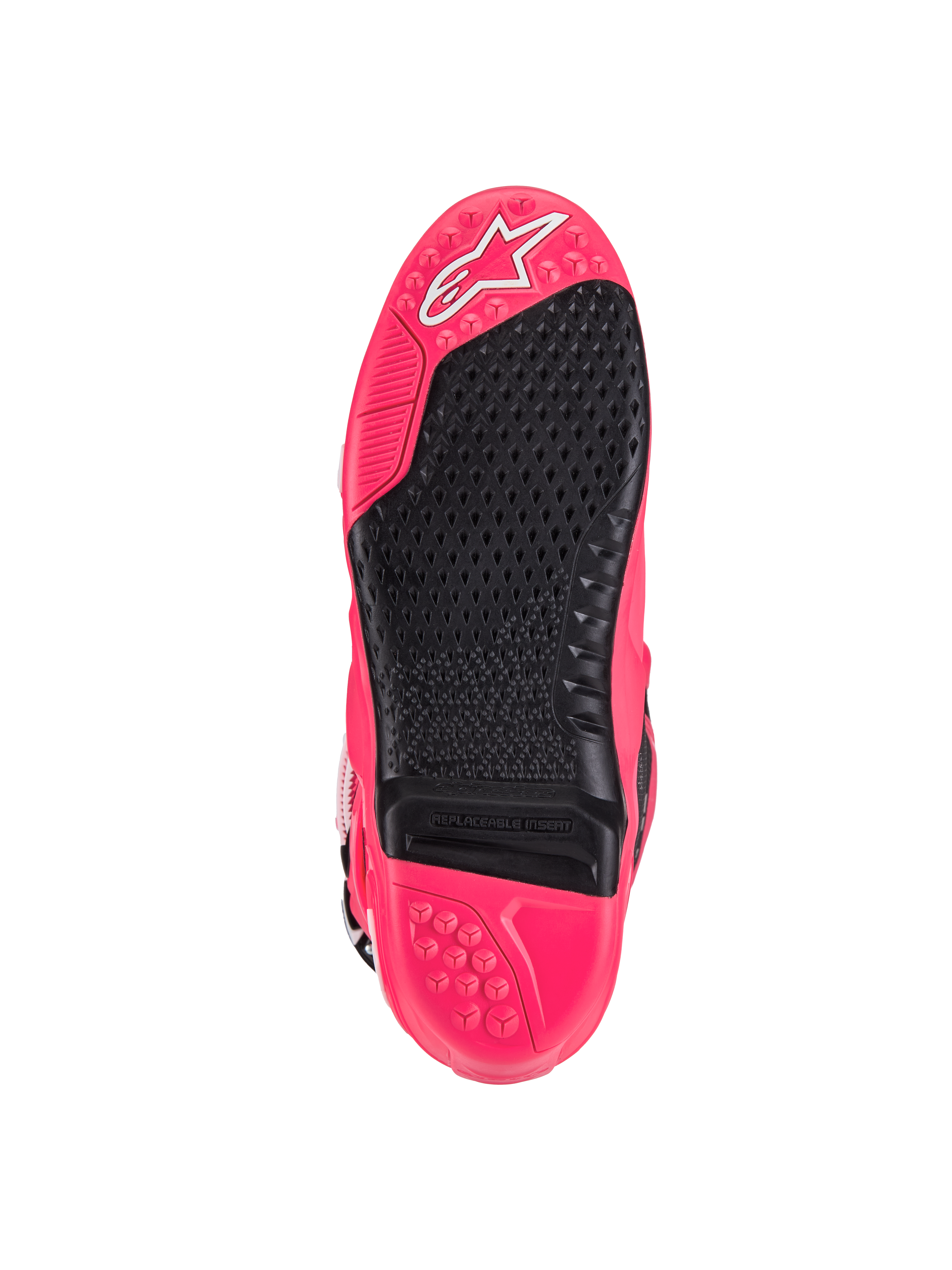 Botas Alpinestars Tech 10, botas de motocross, rosa diva e preto, vista da sola com rasto texturizado, inserto de poisa-pés substituível e logótipo Astars característico, concebidas para aderência e durabilidade superiores