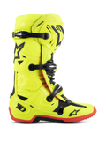 Alpinestars Tech 10 Boots, Motocross Racing Boots, Yellow Fluo with Black and Red accents, side profile view featuring triple buckle closure, reinforced shin plate, red high-traction sole, and DHCP heel protection, professional off-road motorcycle gear
