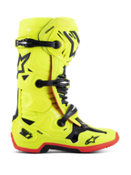 Alpinestars Tech 10 Boots, Motocross Racing Boots, Yellow Fluo with Black and Red accents, side profile view featuring triple buckle closure, reinforced shin plate, red high-traction sole, and DHCP heel protection, professional off-road motorcycle gear