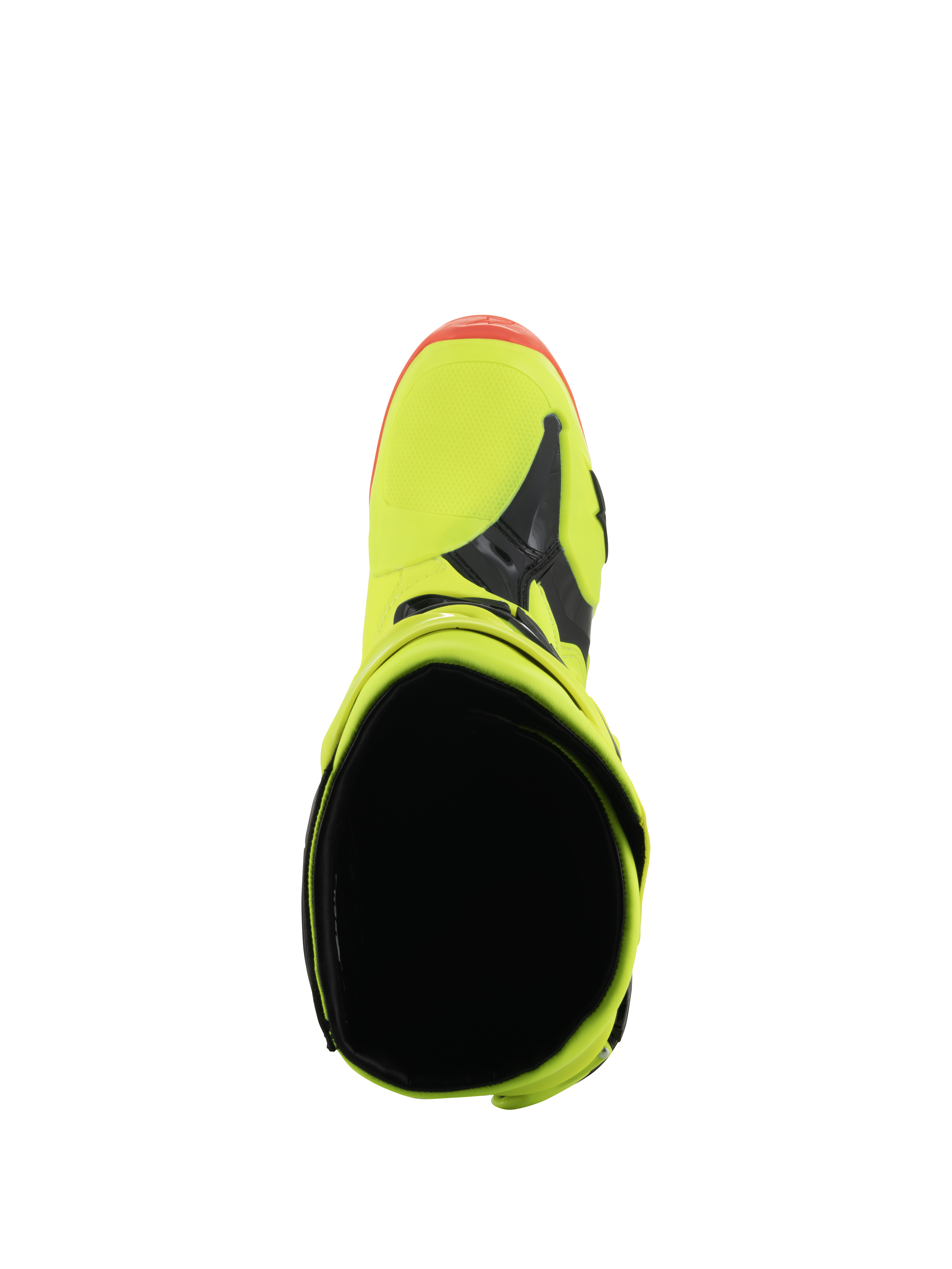 Alpinestars Tech 10 Boots, Motocross Boots, Yellow Fluo Black and Red Fluo, Top-down view showing the interior opening and toe box, vibrant neon colors with black accents, professional off-road racing footwear.