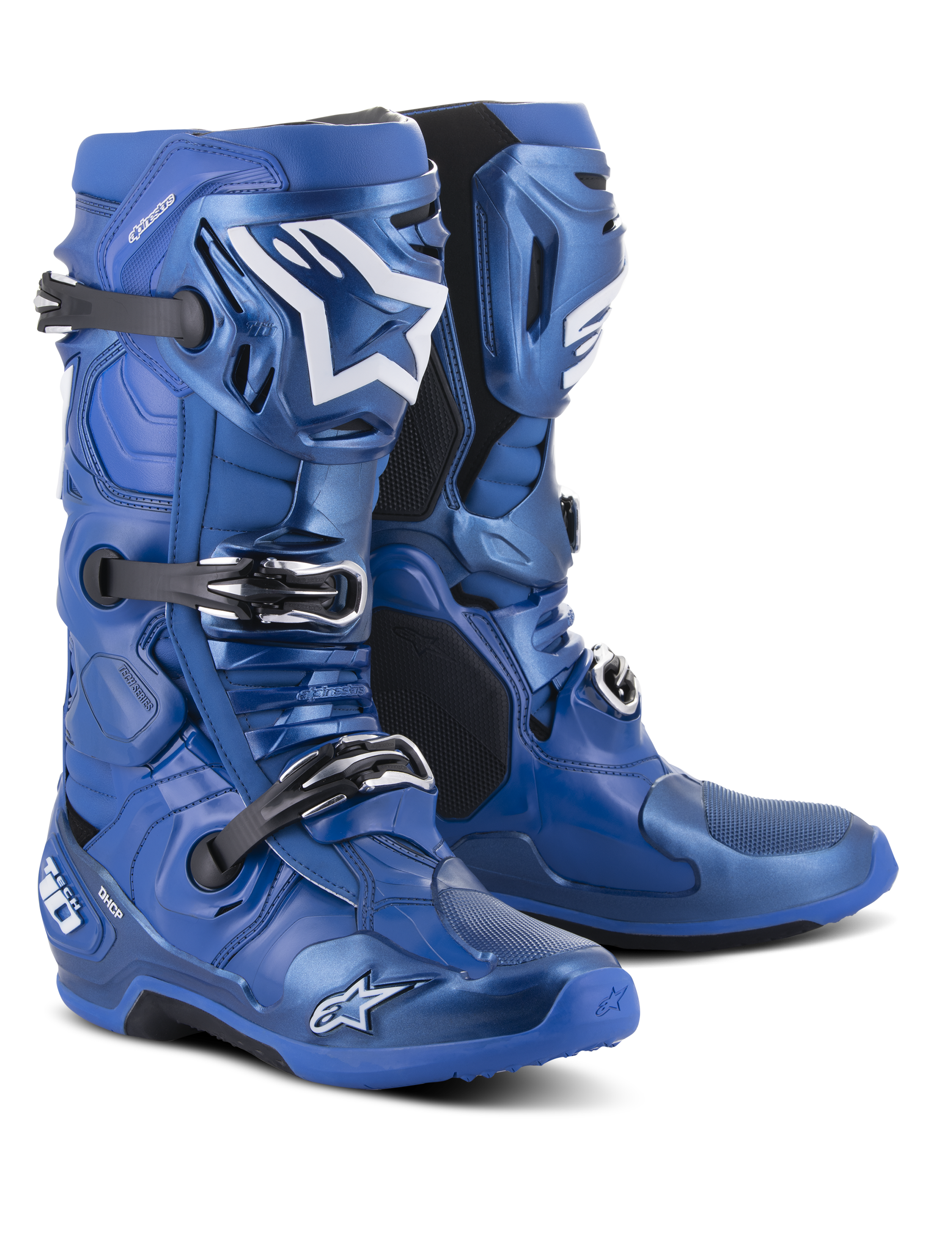 Botas Alpinestars Tech 10, botas de motocross, azul e preto, com um sistema de fecho de fivela tripla, logótipo de estrela Alpinestars branco na canela, estrutura em TPU robusta e sola reforçada para desempenho em todo-o-terreno