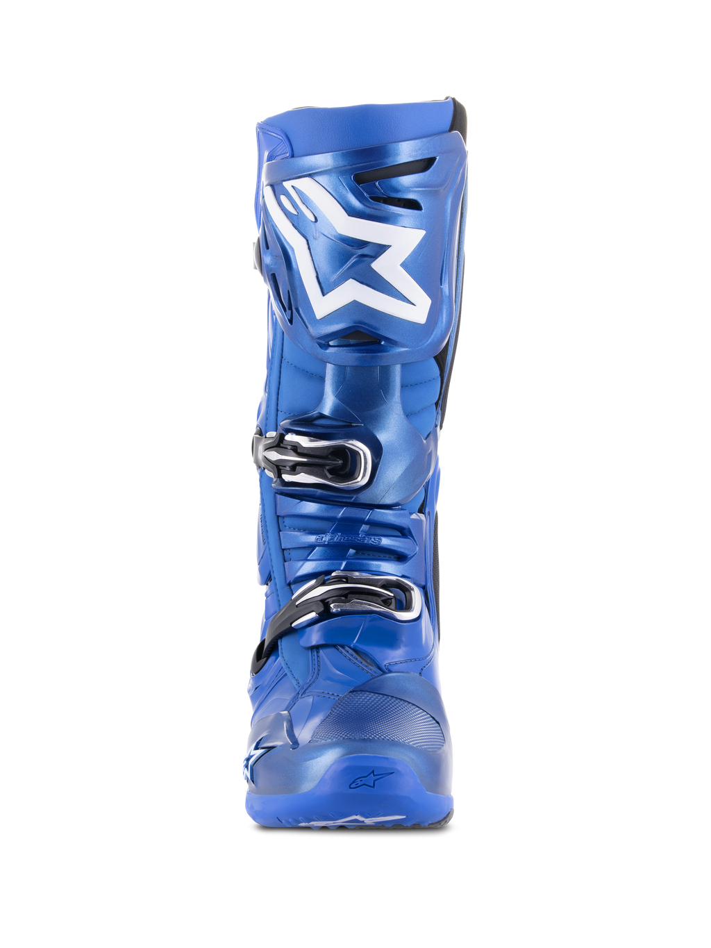 Botas de Motocross Alpinestars Tech 10, azul e preto, vista frontal, com logótipo Astars branco na placa da canela, sistema de fecho triplo de fivelas pretas e prateadas, construção durável em TPU para desempenho todo-o-terreno