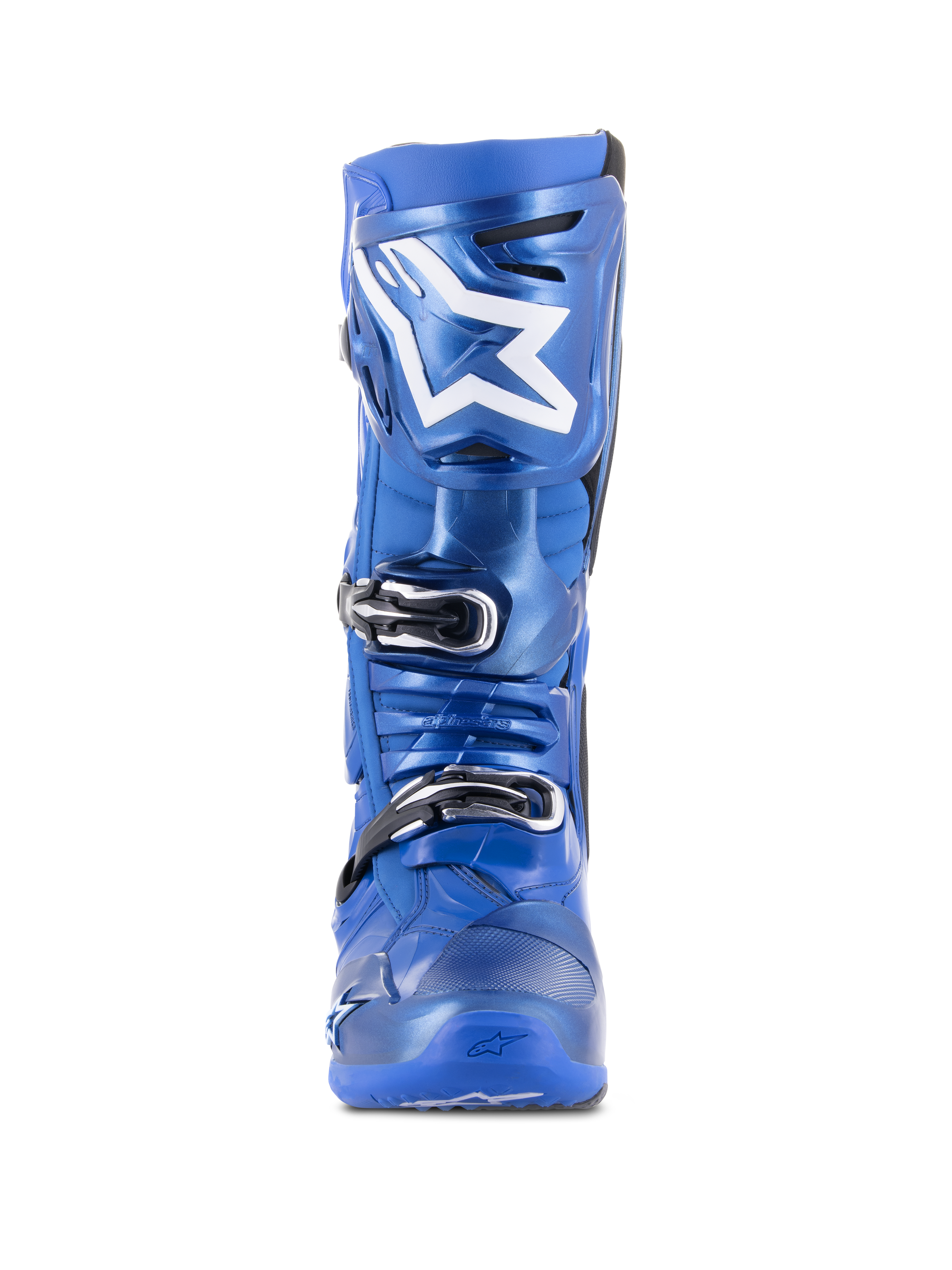 Botas de Motocross Alpinestars Tech 10, azul e preto, vista frontal, com logótipo Astars branco na placa da canela, sistema de fecho triplo de fivelas pretas e prateadas, construção durável em TPU para desempenho todo-o-terreno