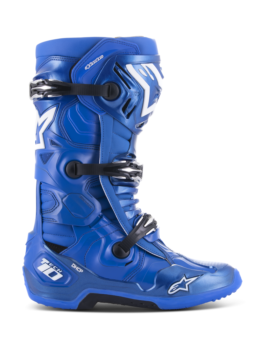 Botas de Motocross Alpinestars Tech 10, azuis com detalhes em branco e preto, perfil lateral, sistema de fecho triplo por fivelas, proteção de calcanhar DHCP, logótipo de estrela e marca Tech 10, sola robusta de alta aderência, equipamento profissional para corridas todo-o-terreno