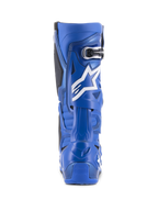 Botas Alpinestars Tech 10, azuis e pretas, vista traseira com logótipo de estrela branca e detalhe de fivela, calçado de motocross de alta performance para corridas fora de estrada