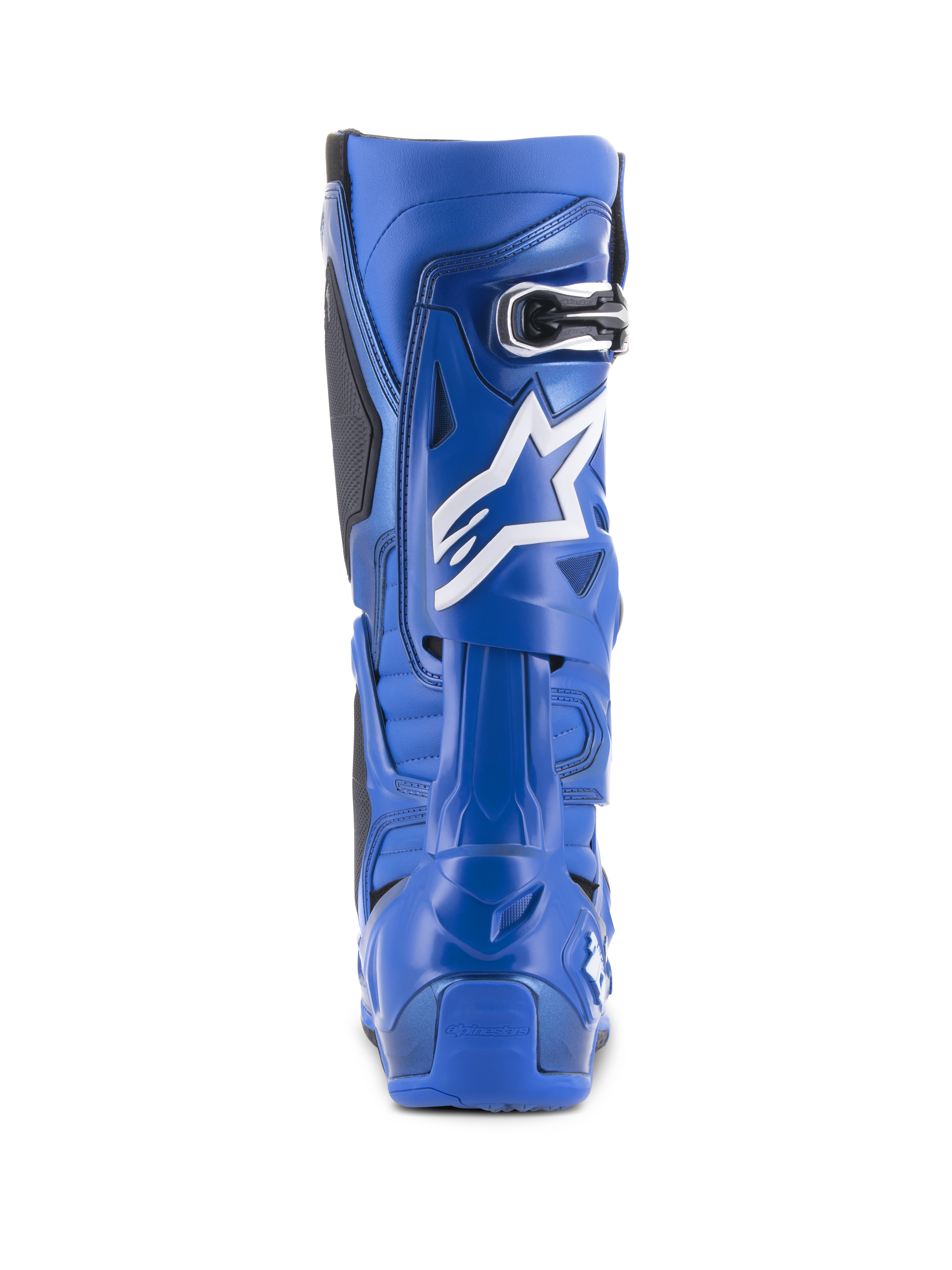 Botas Alpinestars Tech 10, azuis e pretas, vista traseira com logótipo de estrela branca e detalhe de fivela, calçado de motocross de alta performance para corridas fora de estrada