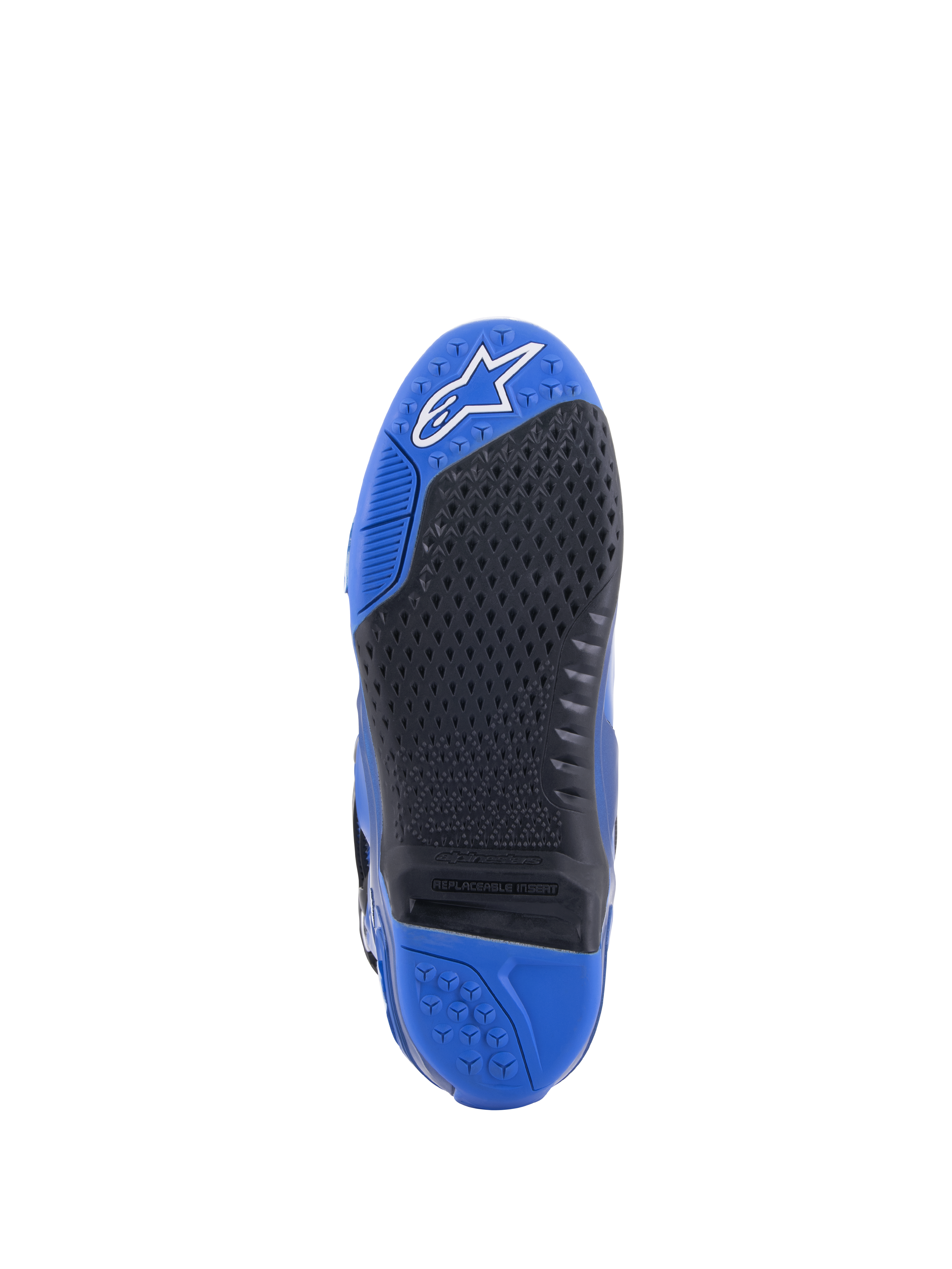Botas Alpinestars Tech 10, azul e preto, vista detalhada da sola, apresentando um padrão de aderência preto texturado com um inserto central substituível, biqueira azul com logótipo branco e calcanhar azul, design de bota de motocross de alto desempenho