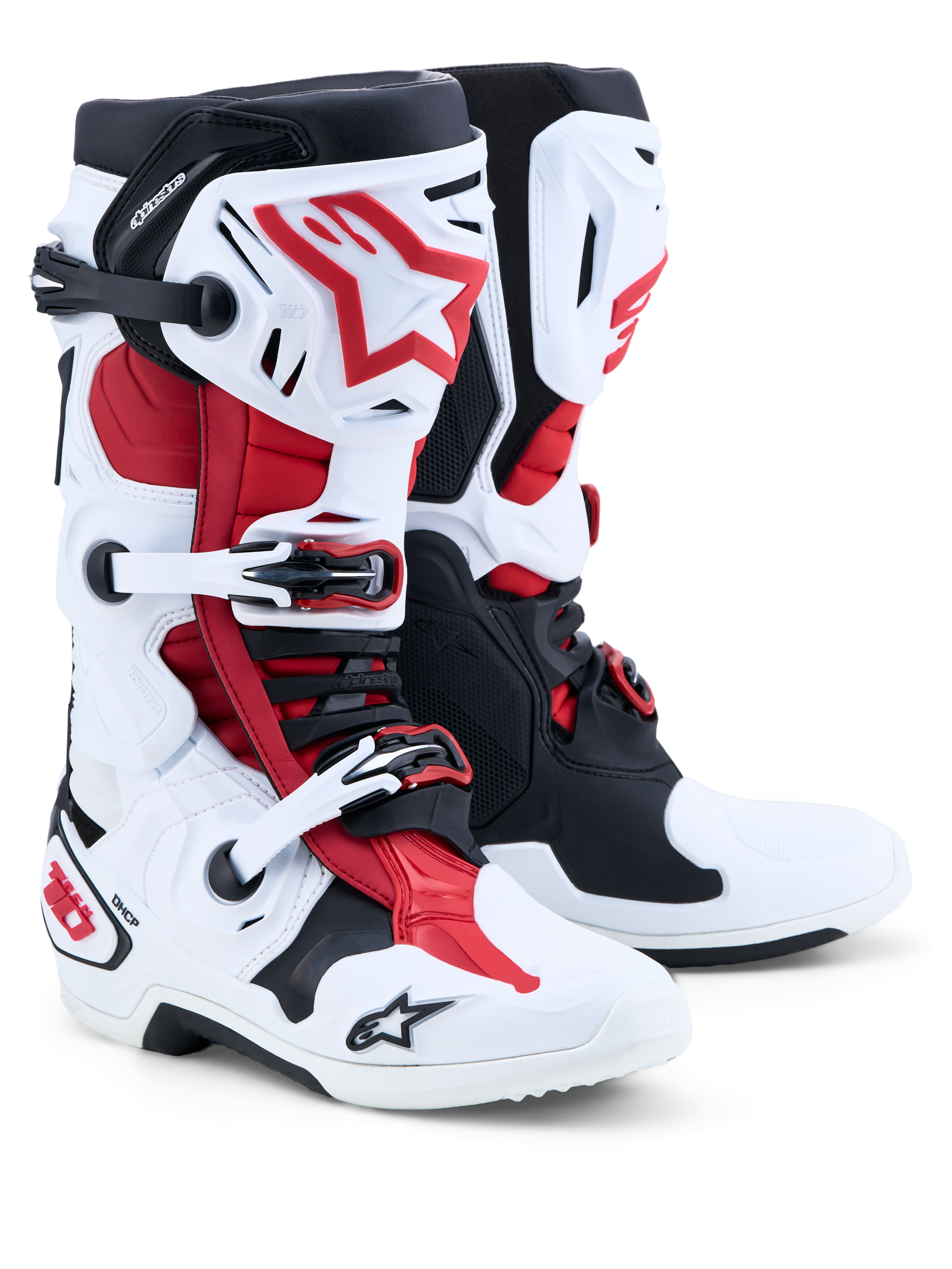 Alpinestars Tech-10 Motocross Boots, White, Black, and Bright Red, CE Certified with Frontal Flex Frame and TPU shell.