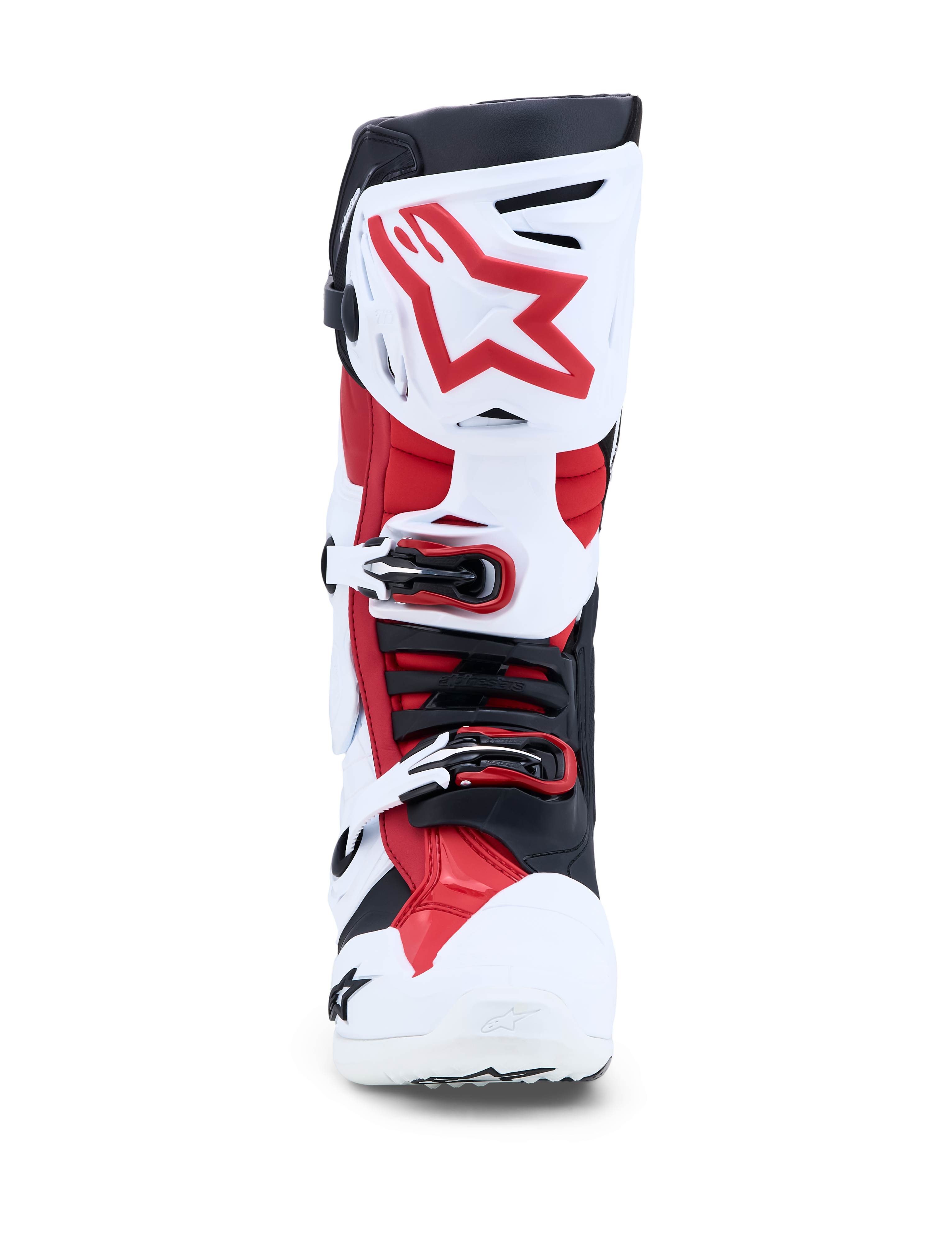 Alpinestars Tech-10 Men's Motocross Boots, White and Bright Red, featuring advanced ankle brace and CE certification.