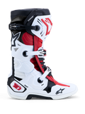 Botas Alpinestars Tech 10, botas de motocross e todo-o-terreno em branco, preto e vermelho vivo, vista lateral com estrutura resistente em TPU, sistema de fecho de fivelas e Dynamic Heel Compression Protector (DHCP).