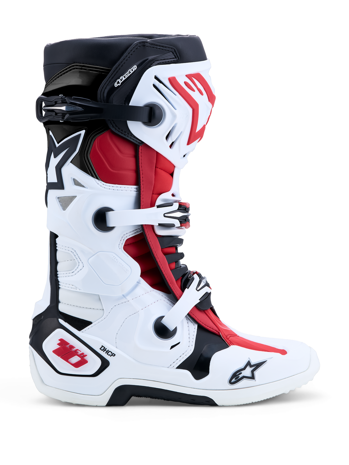 Botas Alpinestars Tech 10, botas de motocross e todo-o-terreno em branco, preto e vermelho vivo, vista lateral com estrutura resistente em TPU, sistema de fecho de fivelas e Dynamic Heel Compression Protector (DHCP).