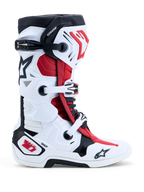 Alpinestars Tech-10 Motocross Boots in white, black, and bright red with DHCP protection and a double pivot system.
