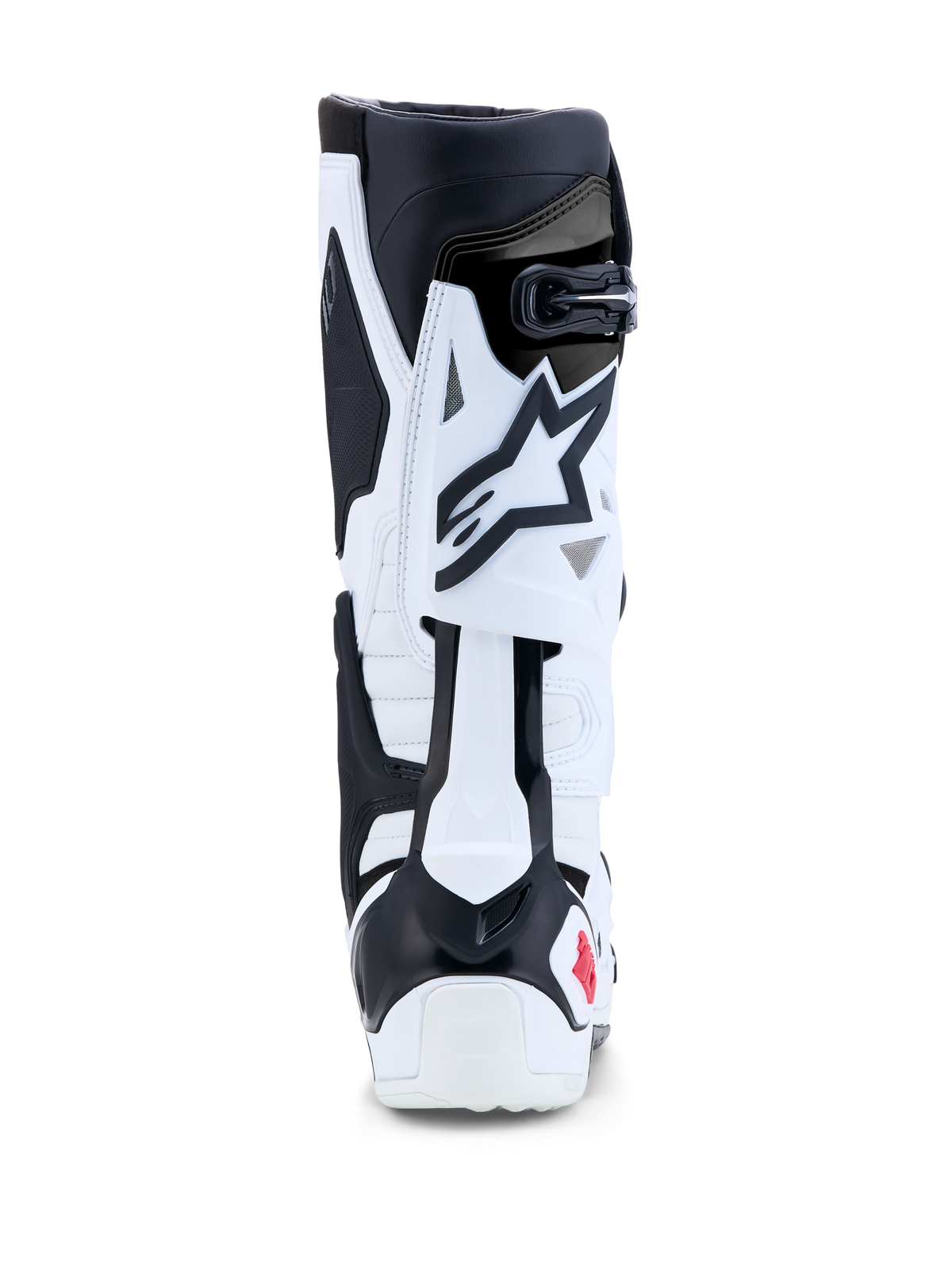 Botas Alpinestars Tech 10, botas de motocross e de corrida todo-o-terreno, brancas e pretas com apontamentos em vermelho, vista traseira destacando o controlo de flexão da lâmina traseira em TPU e proteção do calcanhar.