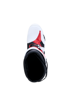 Alpinestars Tech-10 Boots in white, black, and red, top-down view showing the motocross boot's interior and TPU chassis.