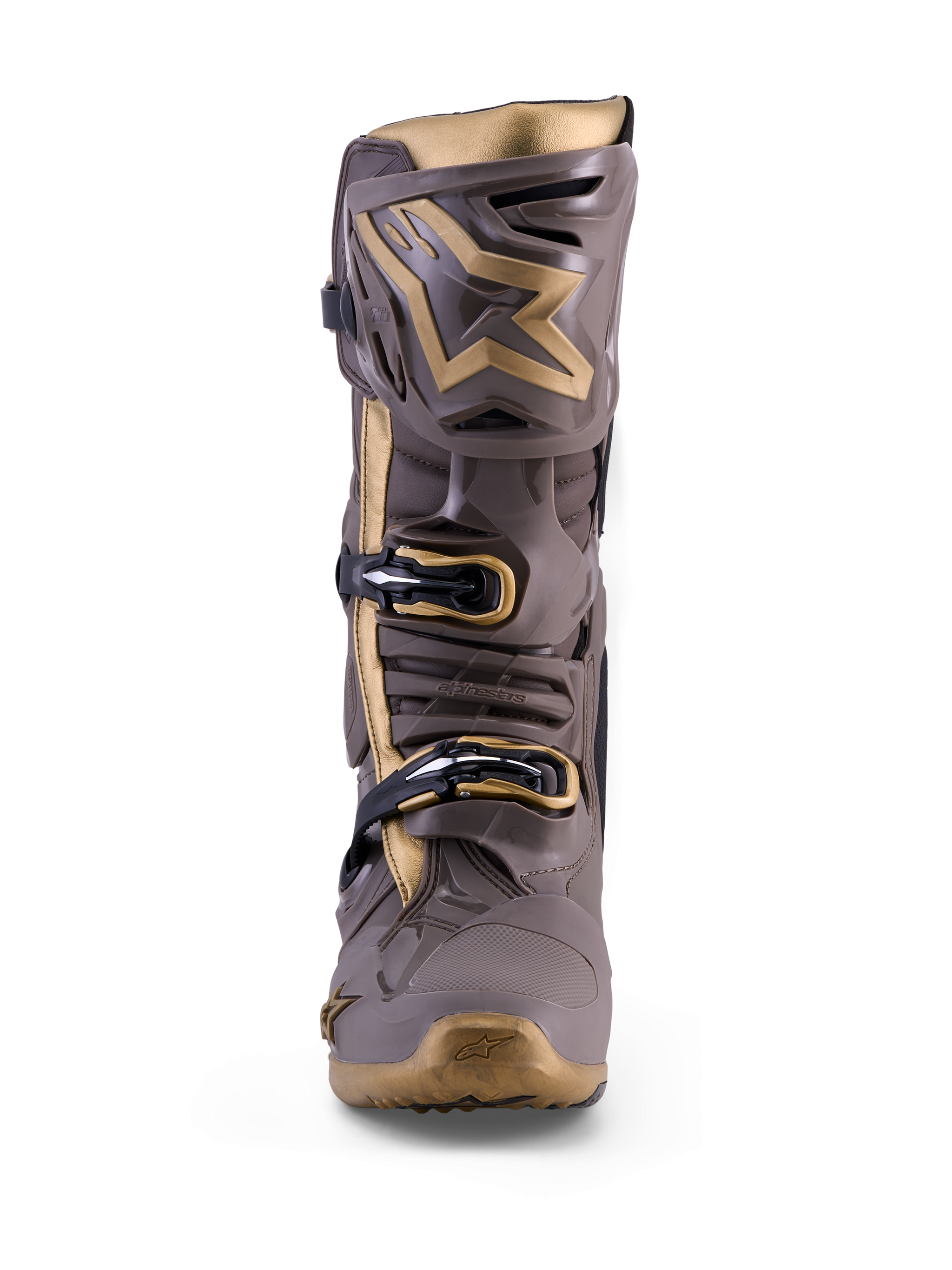 Bota de motocross Alpinestars Tech 10 Air Gold em Earth Brown Gold com proteção em TPU e detalhes em dourado metálico.
