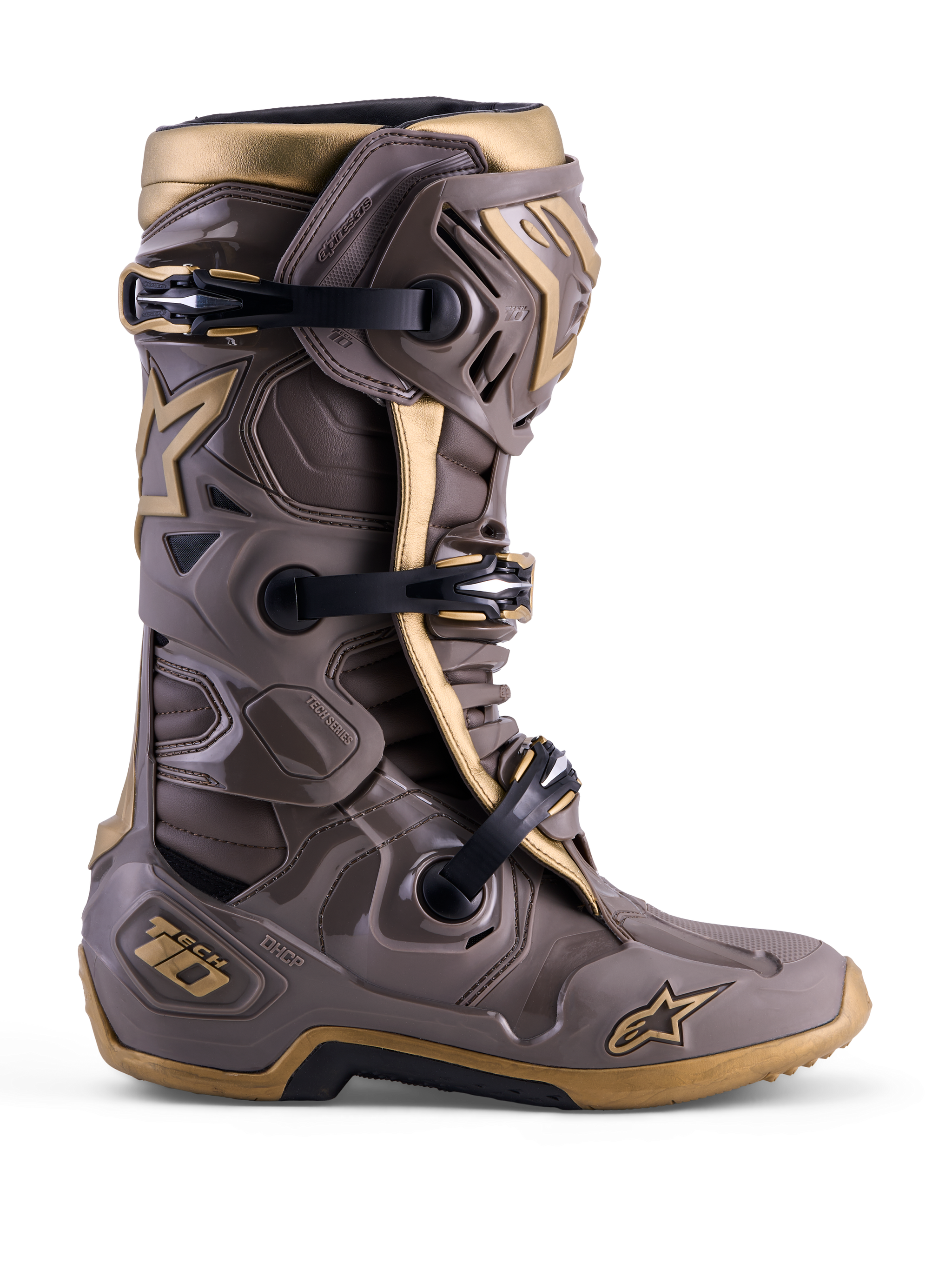 Bota de motocross Alpinestars Tech 10 Air Gold Edição Limitada em Earth Brown Gold com concha protetora em TPU.